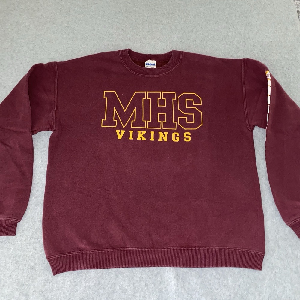 Vtg Mills High School MHS Vikings Sweatshirt Men's M Maroon Crewneck Sleeve Logo - Picture 5 of 14